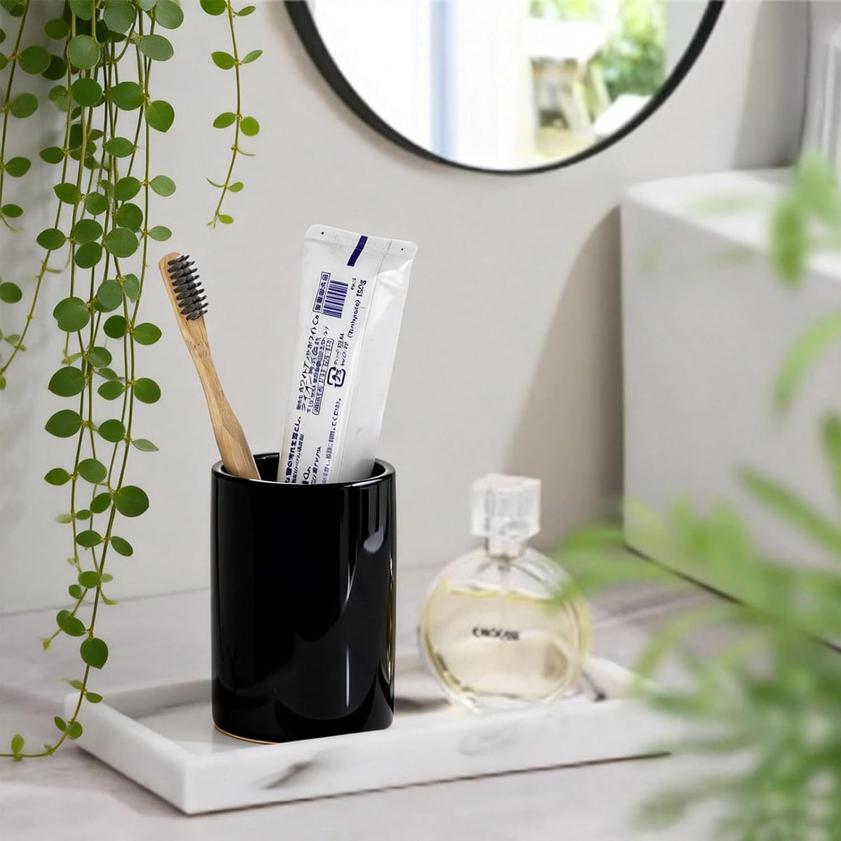 Glossy Black Ceramic Toothbrush Holders for Bathroom Countertop, 2 Pack