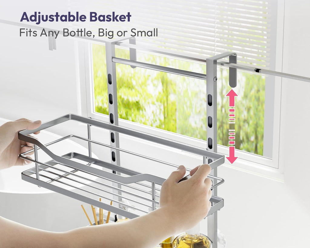 SWTYMIKI Over the Door Shower Caddy - 3 Tier Adjustable Shower Organizer Hanging with Soap Holder, No Drilling Stainless Steel Bathroom Rack Hanging for Body Wash, Shampoo, Soap, Razor, Silver