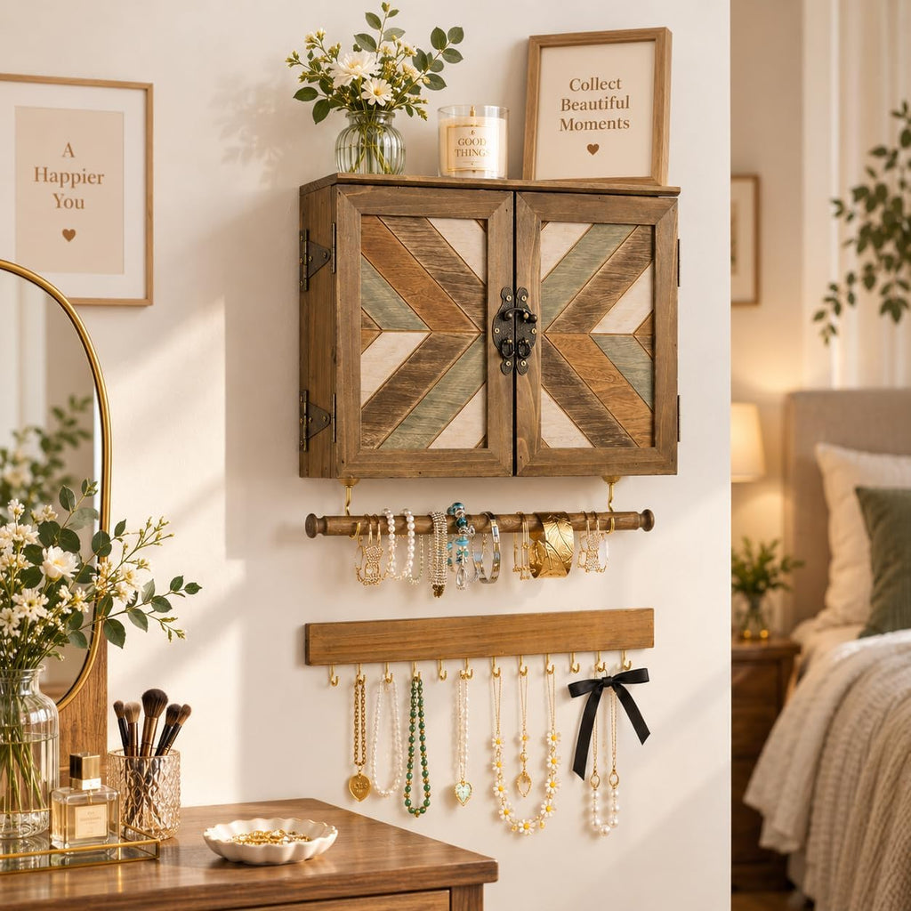 Wall Mounted Jewelry Organizer, Rustic Brown Wooden Jewelry Storage Cabinet