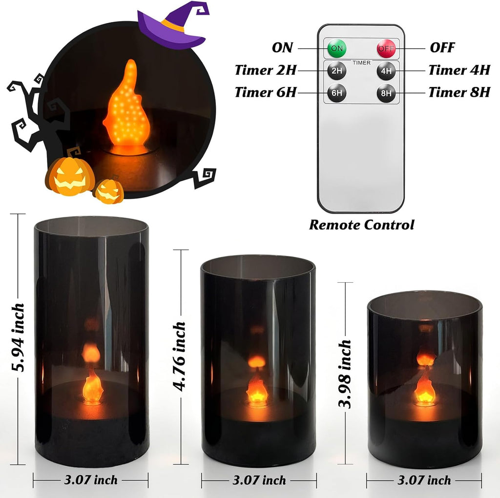 3Pcs Black Halloween Flameless LED Pillar Candles,Flame Light with Remote
