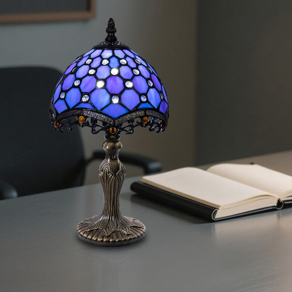 Small Tiffany Style 8 inch Blue Stained Glass Table Lamp