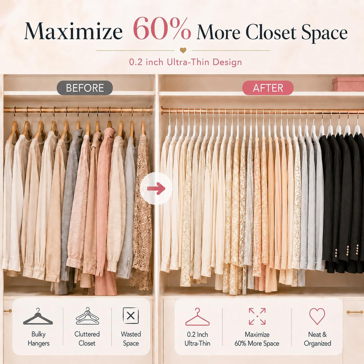 Smartor White Velvet Hangers 50 Pack, Non Slip Rose Gold Hook Felt Hangers