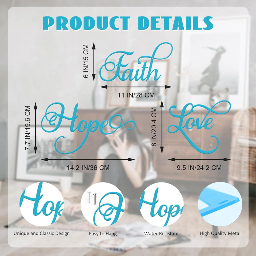 ESTART Faith Hope Love 3Pcs Metal Farmhouse Inspirational Wall Art Sign