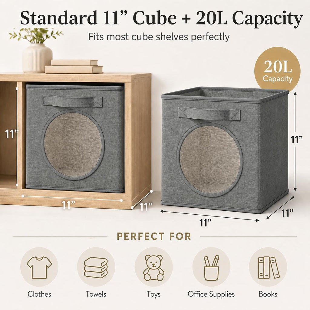 Storage Cubes with Mesh Window, 11'' Cube Storage Bin, Dark Gray, 4 Pack