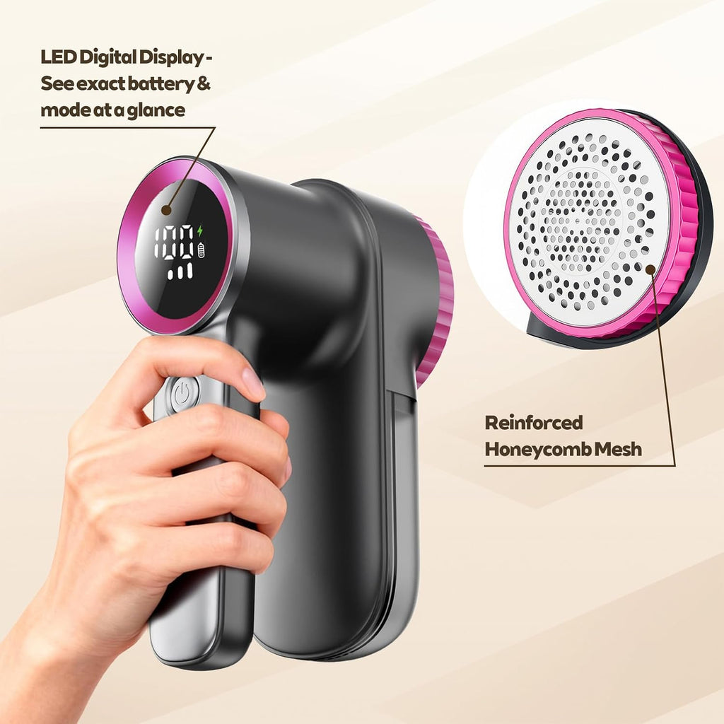 Rechargeable Fabric Shaver & Lint Remover, Electric Sweater Defuzzer with 3 Speeds, 6 Leaf Blades, LED Display & Type-C Fast Charging, Lint Shaver for Clothes, Furniture, Sweater, Couch