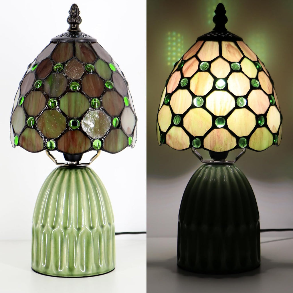 Tiffany Stained Glass Mushroom Table Lamp 12.5 Inch -Amber Pearl