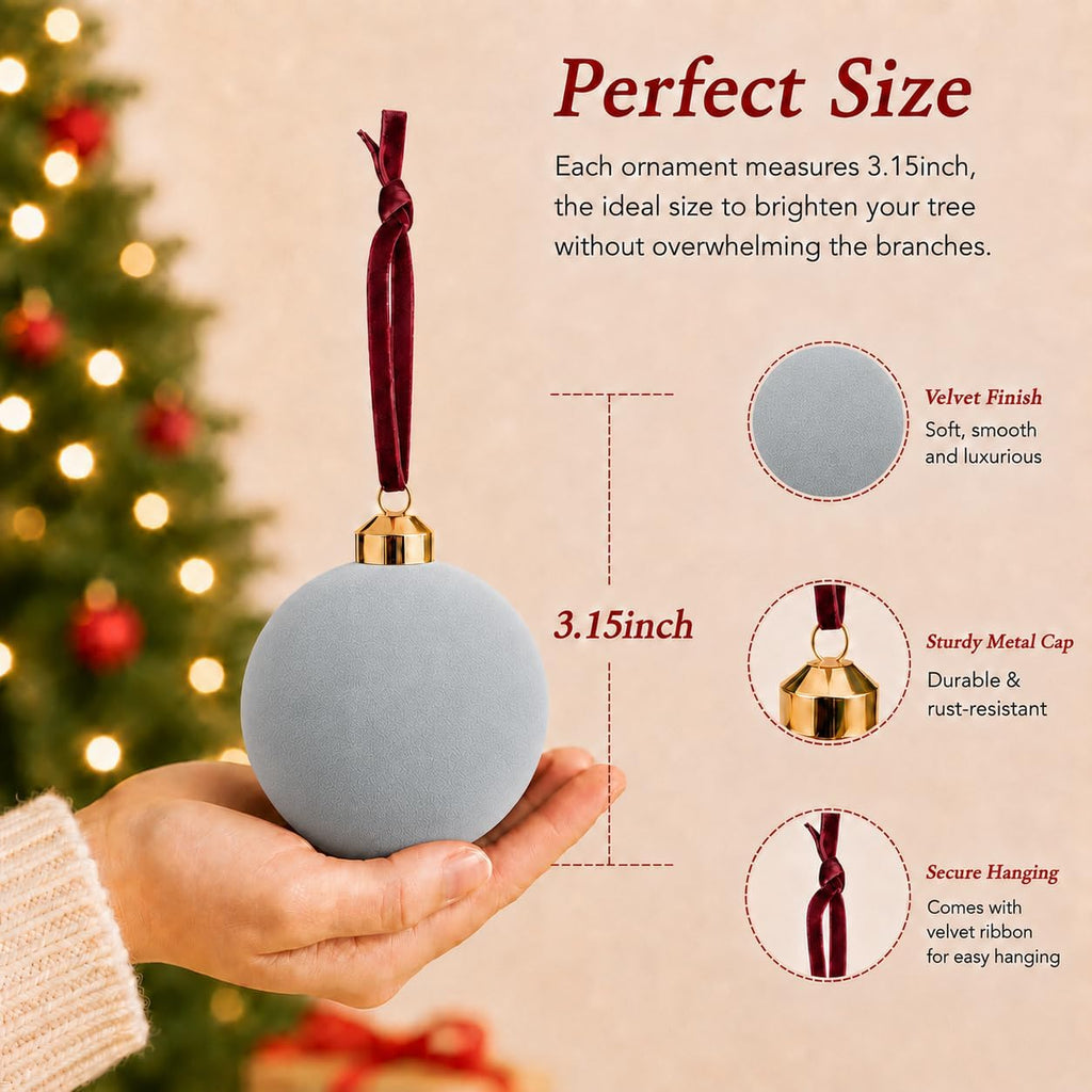 Velvet Christmas Balls Ornaments 15 Pcs, 3.15 Inch Light Blue Flocked Xmas Tree Ball Ornaments Shatterproof, Velvet Christmas Ornaments Set Bulk for Xmas Tree Holiday Wedding Party Decor