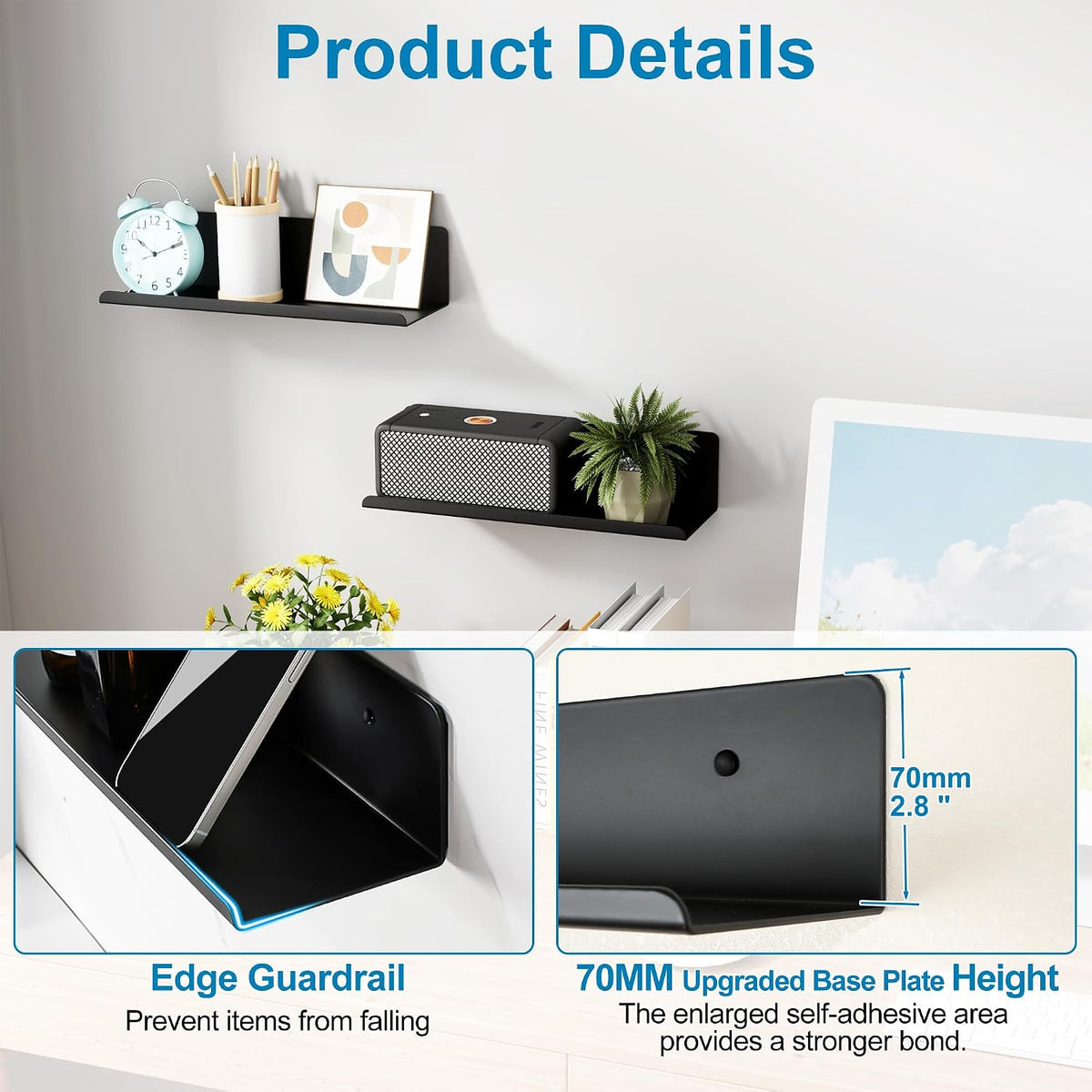 SAYAYO Black Floating Shelves for Wall, 12 Inch Screw or Adhesive Shelves