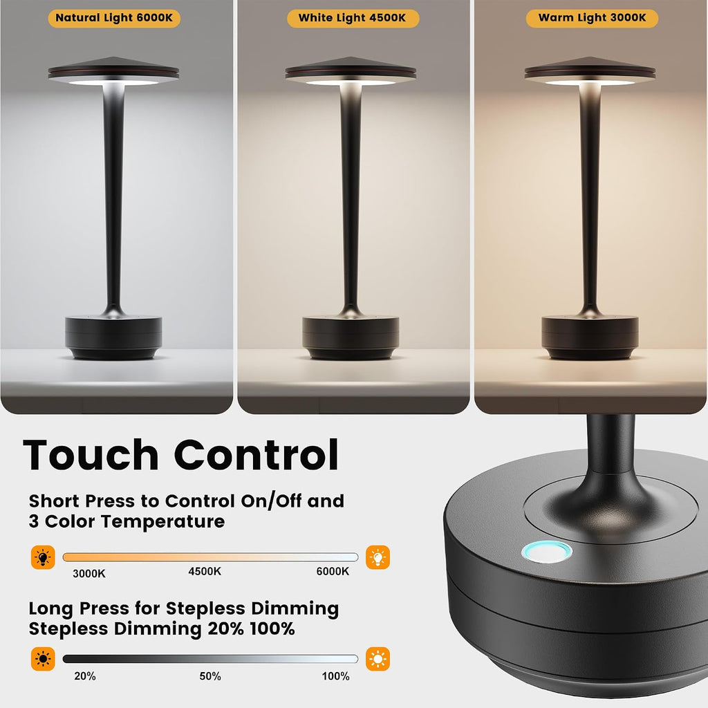 Cordless Rechargeable LED Table Lamp Set of 2 Black