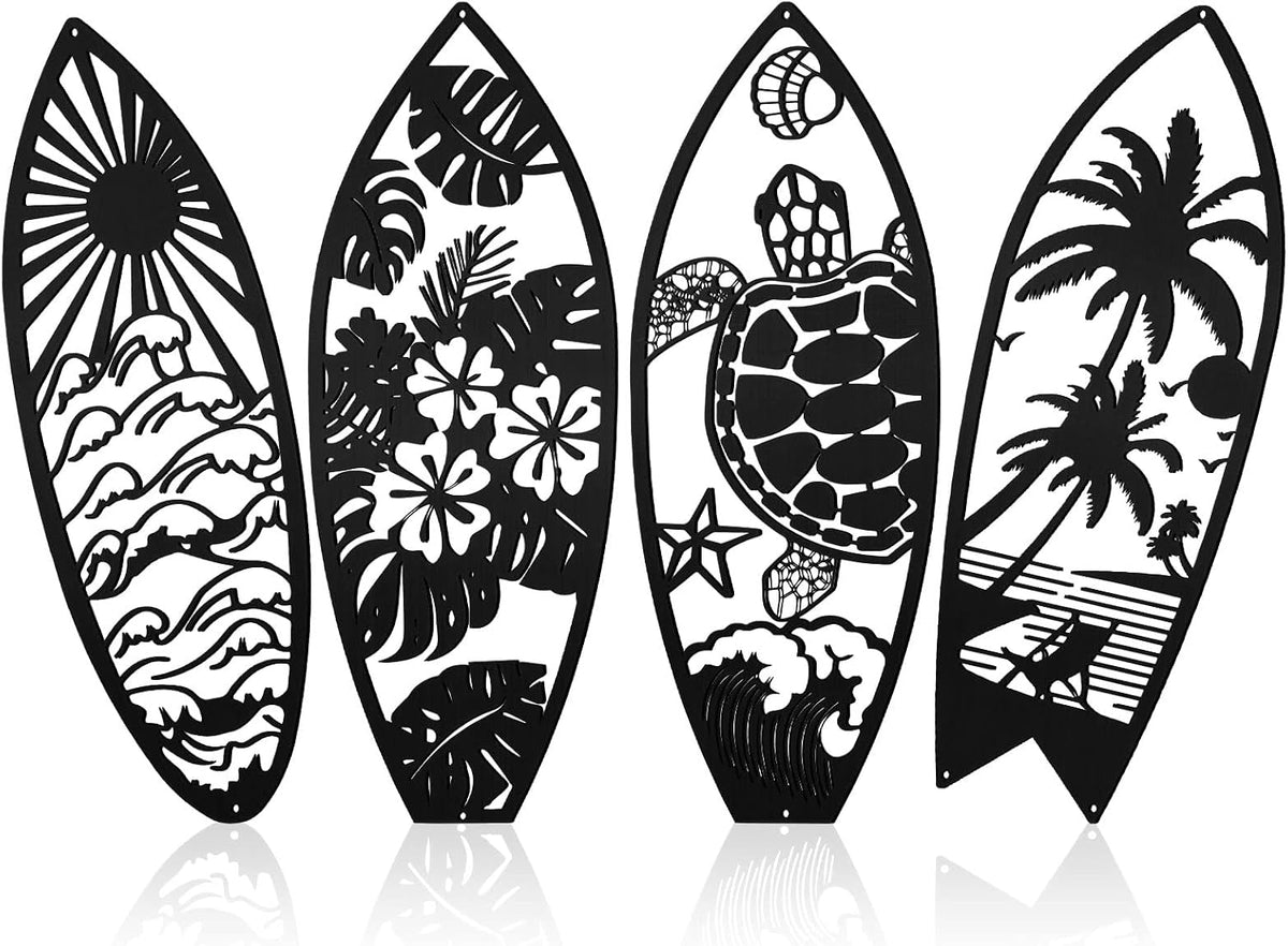 Therwen 4 Pcs Metal Surfboard Wall Decor, Tropical Beach Palm Turtle, Black