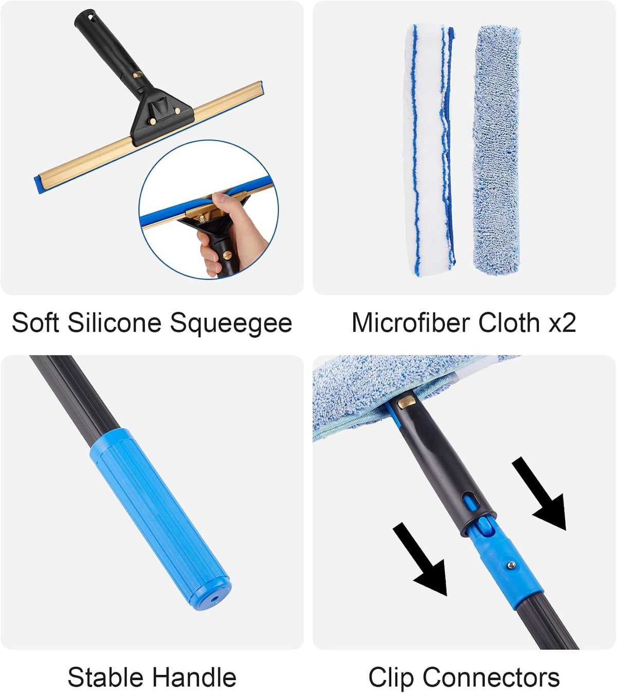 Swivel Squeegee Kit with 4 Extension Poles,Glass Scraper, Bendable Duster, 2 Window Scrubber Cloth for Glass, Car, Floor, Home,Garden