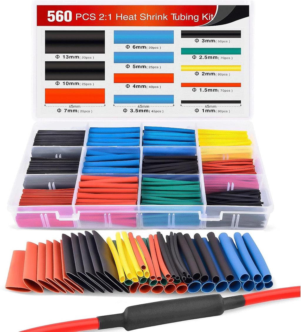 Nilight - 50005R Heat Shrink 2:1 Electric Insulation Tube Kit 45mm Flame Retardant Wrap Cable Sleeve 560pcs 5 Colors 12 Sizes with Storage Box，2 Years Warranty