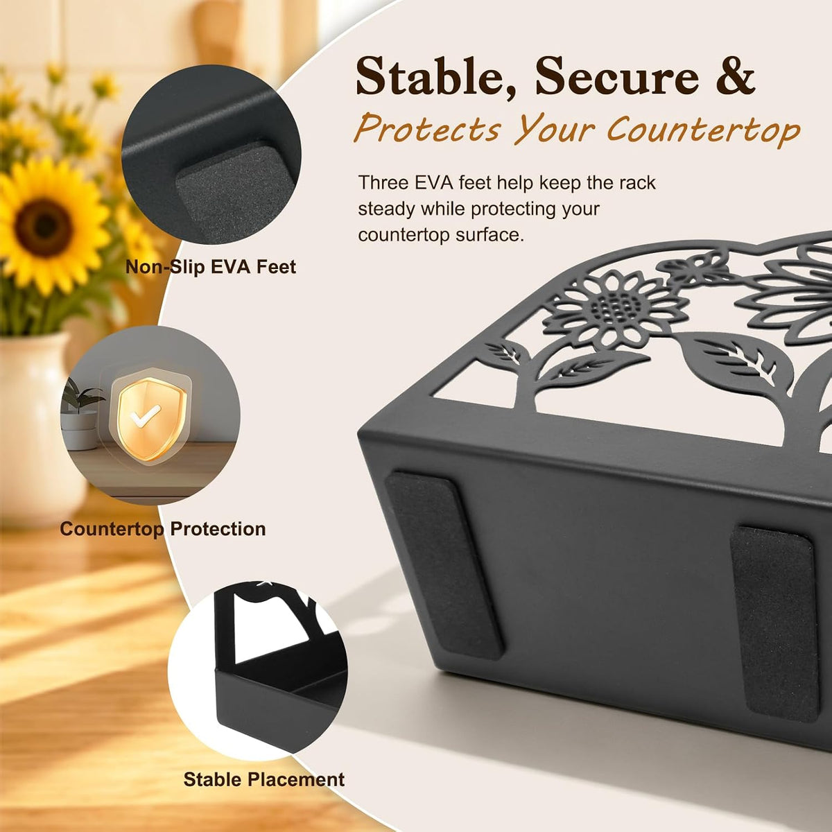Sunflower Vanity Tray for Bathroom Countertop, Metal, 9" x 3.1", Black