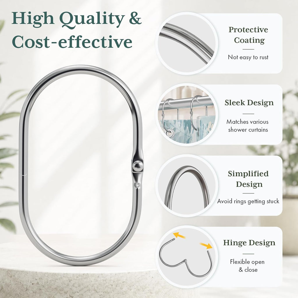 Bathway Shower Curtain Rings, Shower Curtain Hooks Chrome Shower Rings Rust Proof, Anti-Drop Shower Rings for Curtain, 12Pcs Shower Hooks for Shower Curtain Rod Oval Bathroom Curtain Rings