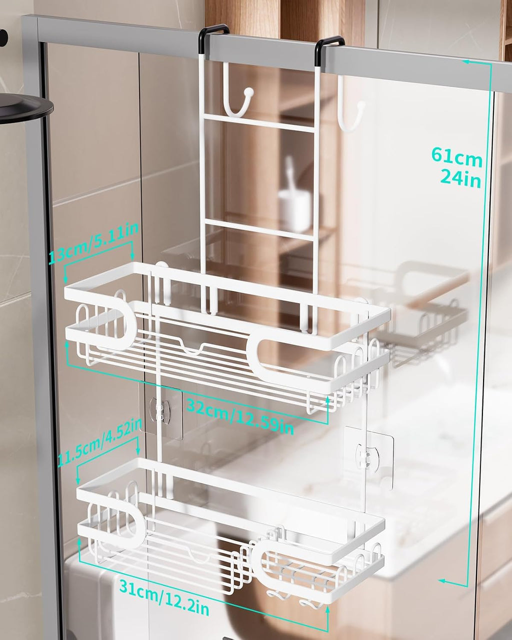HapiRm Shower Caddy Over Door- Hanging Shower Organizer with 14 Hooks and Soap Holder, Rustproof & Waterproof Stainless Steel Bathroom Shelf - White