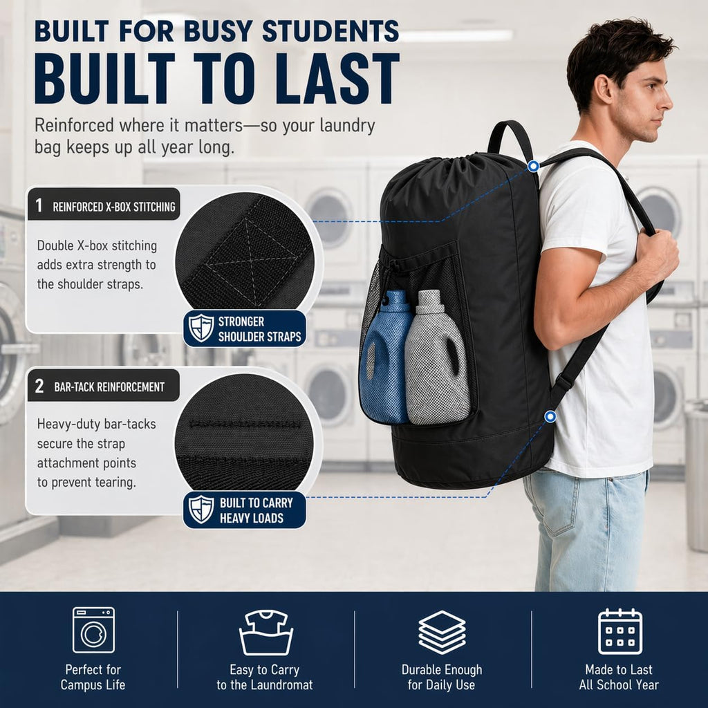 Backpack Laundry Bag Durable Polyster Laundry Backpack Bag with Shoulder Straps, Drawstring Closure & Mesh Pocket, Large Clothes Hamper for Dorm, Travel, Laundromat (Black)