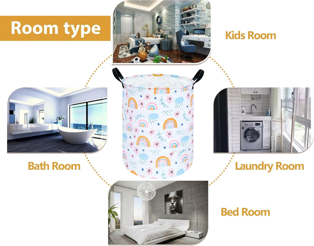 Pastel Rainbow Floral Laundry Hamper, Round Foldable Storage Basket with PU Leather Handles and Water-Resistant Lining for Bedroom, Dorm, Nursery, Clothes and Toys