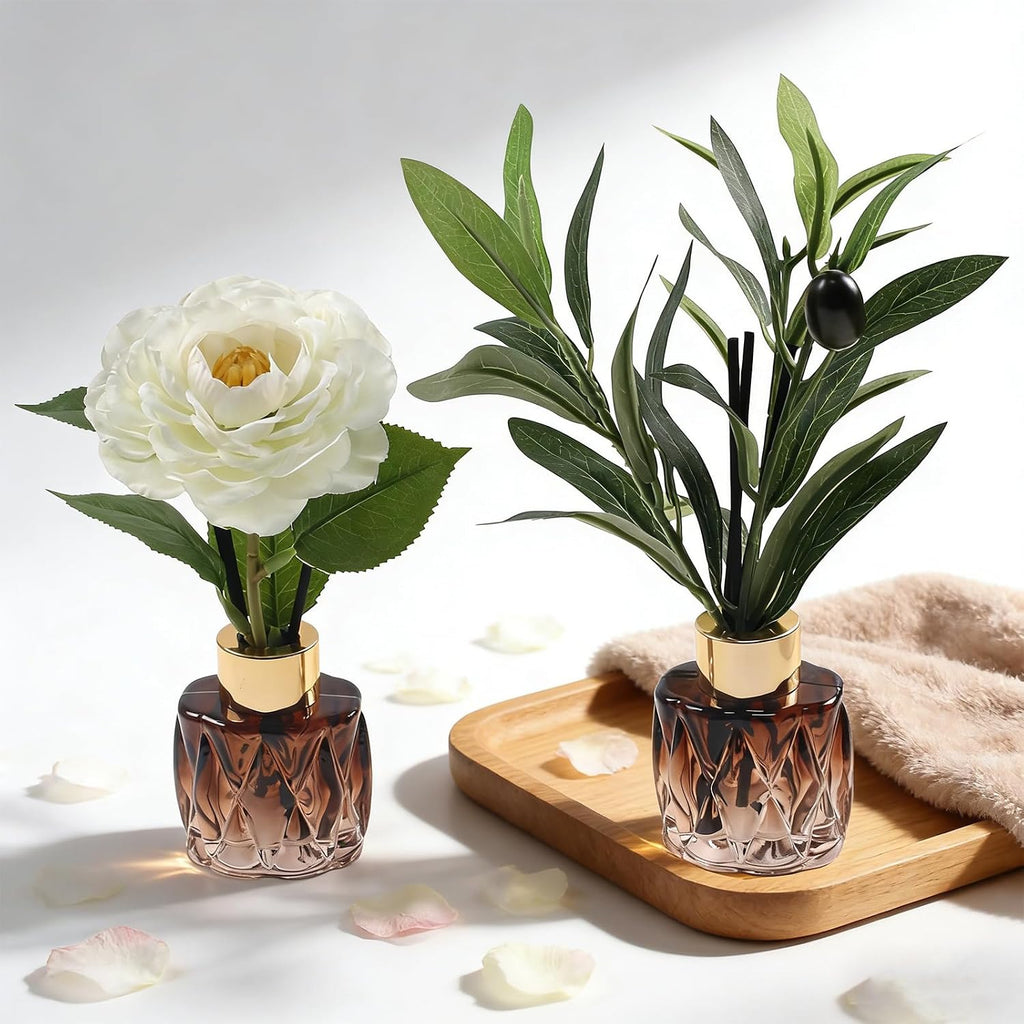2Pcs Empty Reed Diffuser Glass Bottle Set with Artificial Plant Decor