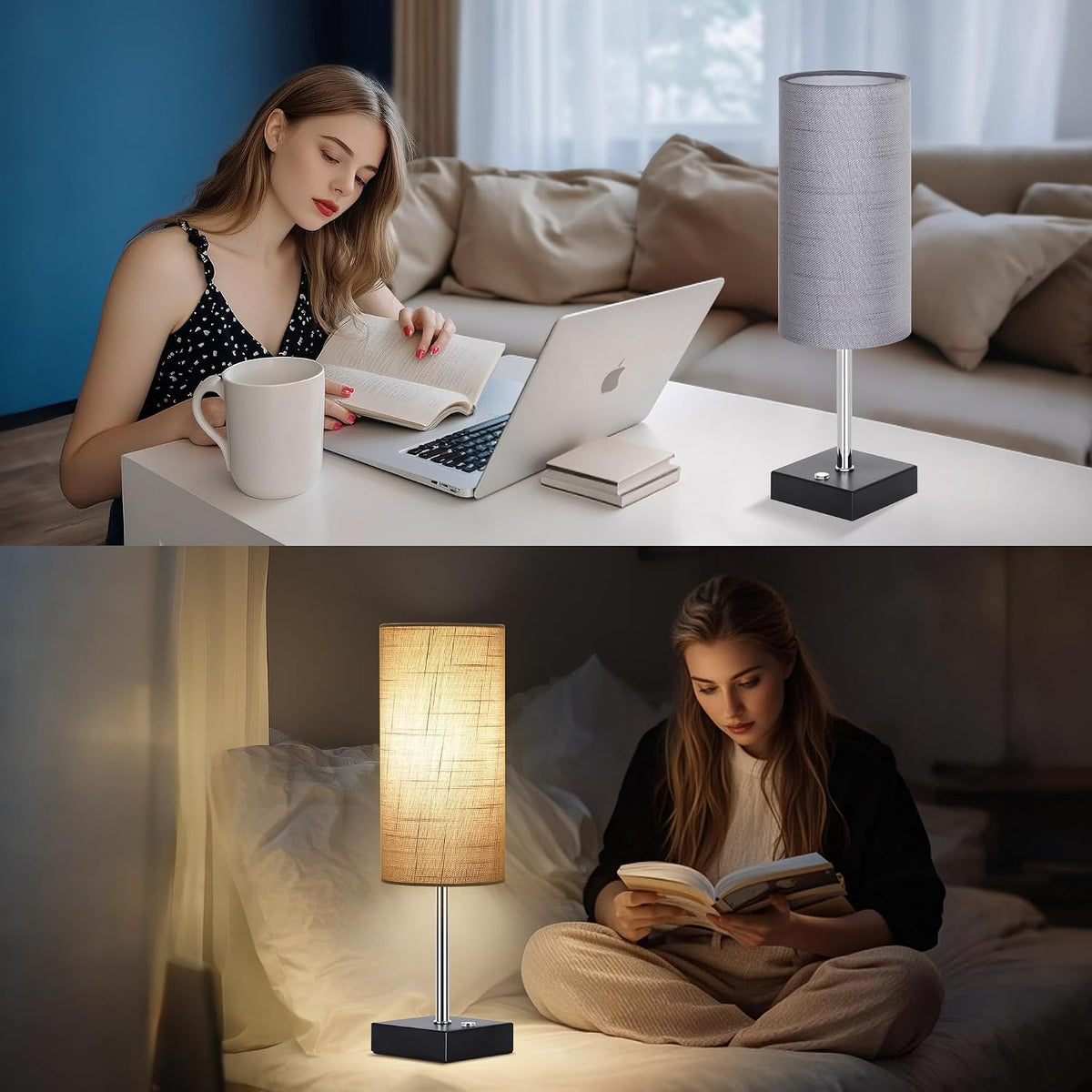 AVV Cordless Table Lamp with Dimmable, Rechargeable 3 Modes Battery Powered Bedside Lamp, Battery Operated Lamps for Night Stand, Touch Lamp for Bedroom, Living Room,15 Inch Grey 2PK