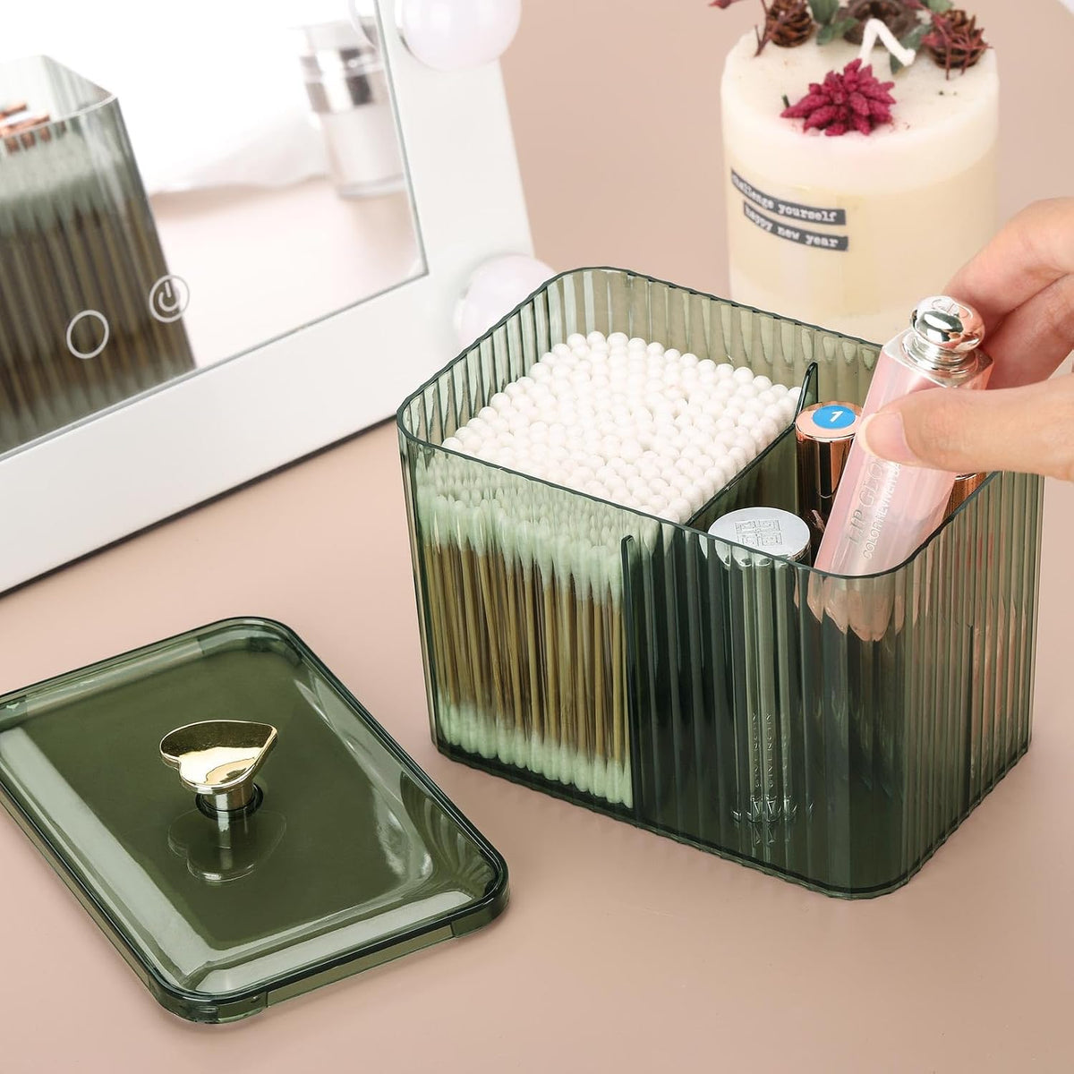 Tbestmax Qtip Holder Dispenser 3-Section Clear Bathroom Organizer Jar 3 Grids Cotton Swab/Pad/Ball Holder Container Cosmetics Storage for Vanity(2 Pack Green)