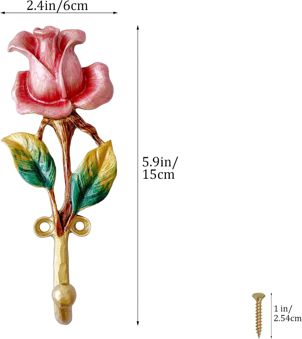 Vintage Rose-Shaped Decorative Wall Hooks, 2 Pack Hand-Painted Floral Metal Wall Hook Rack Hangers for Hanging Coats, Clothes, Keys, Hats, and Towels