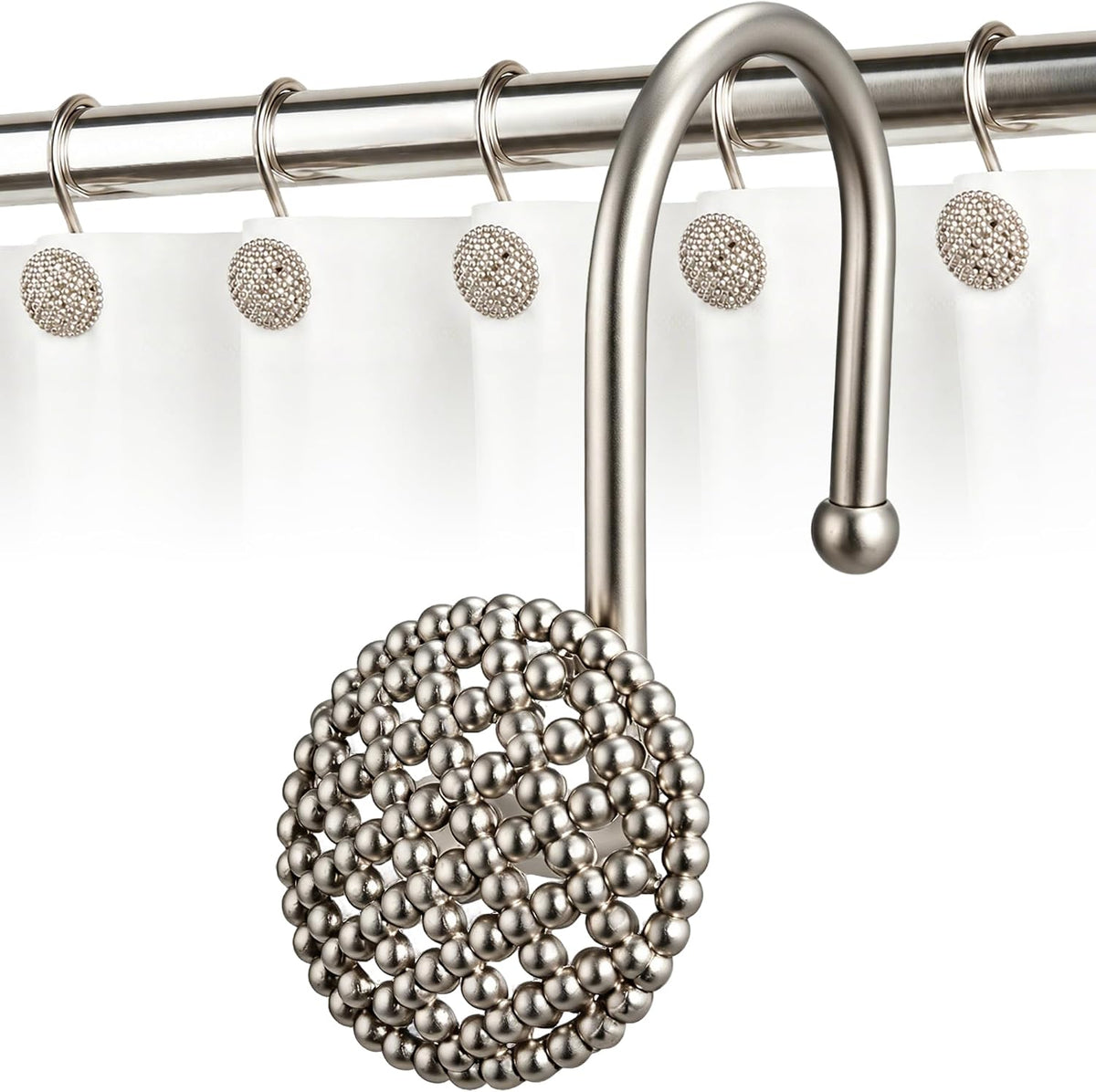 Pearlbee Nickel Shower Curtain Hooks,12pcs, Heavy Duty Rings for Shower Rod