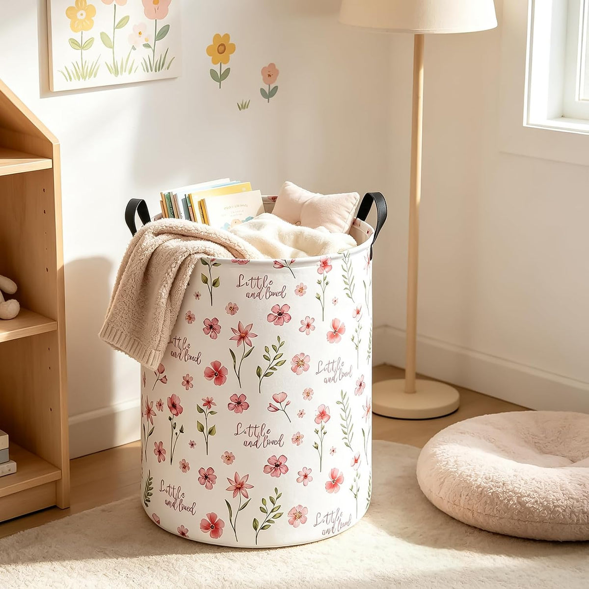 Round Laundry Hamper Large Canvas Fabric Storage Basket Pink Floral