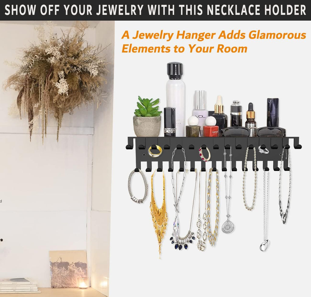 Necklace Jewelry Holder Wall Hanging Organizer Hangers Storage Mounted Shelf with 56 Hooks Tray Display Girls Women Metal Door Earring Mount Key Chains Rack (Black)