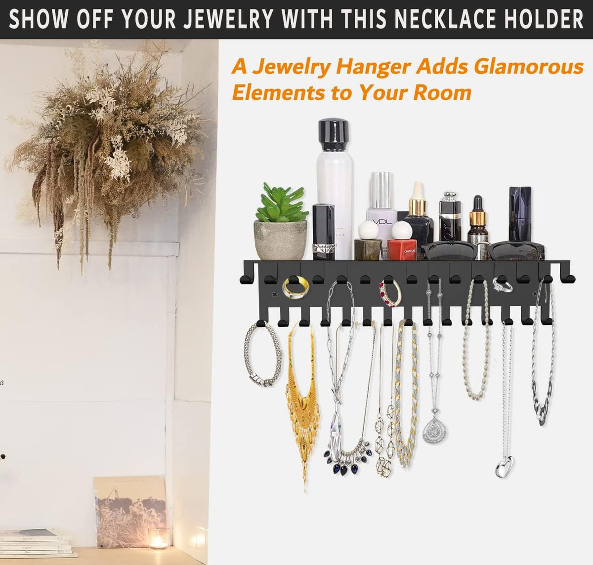 Necklace Jewelry Holder Wall Hanging Organizer Hangers Storage Mounted Shelf with 56 Hooks Tray Display Girls Women Metal Door Earring Mount Key Chains Rack (Black)