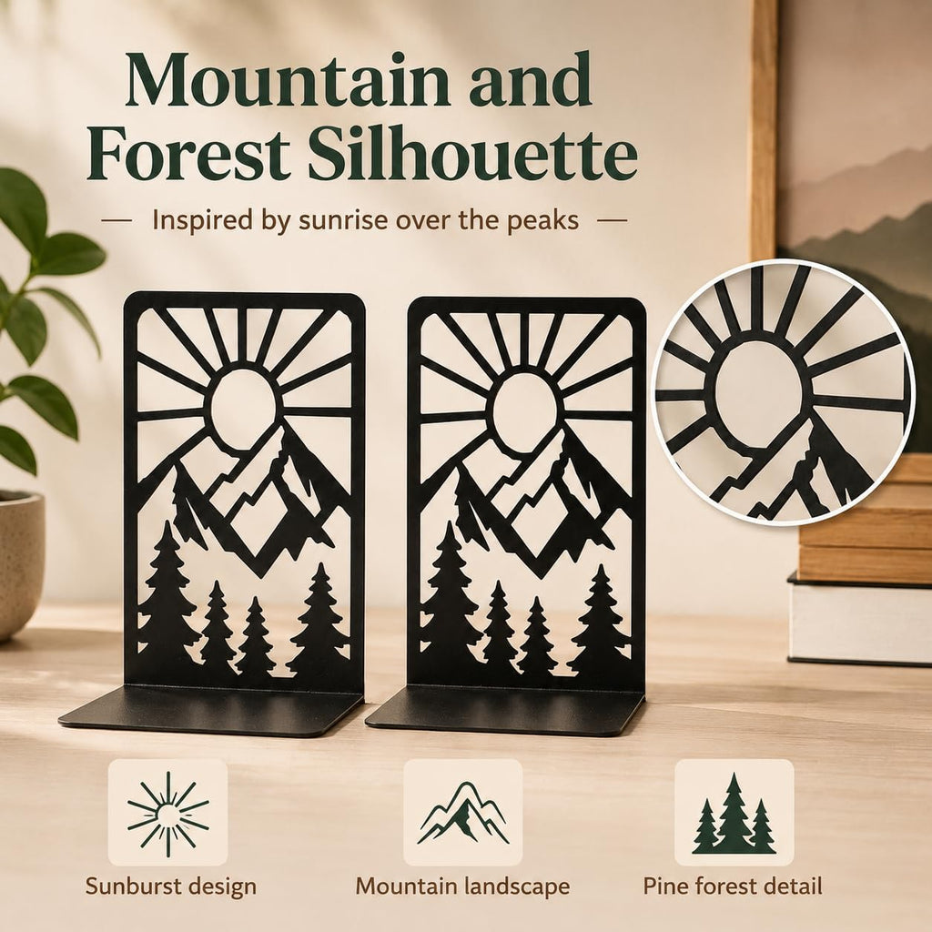 Mountain and Forest Sunrise Bookends, Set of 2 (1 Pair), Matte Black Metal Book Ends for Shelves, Bookshelf, Desk and Home Library Decor