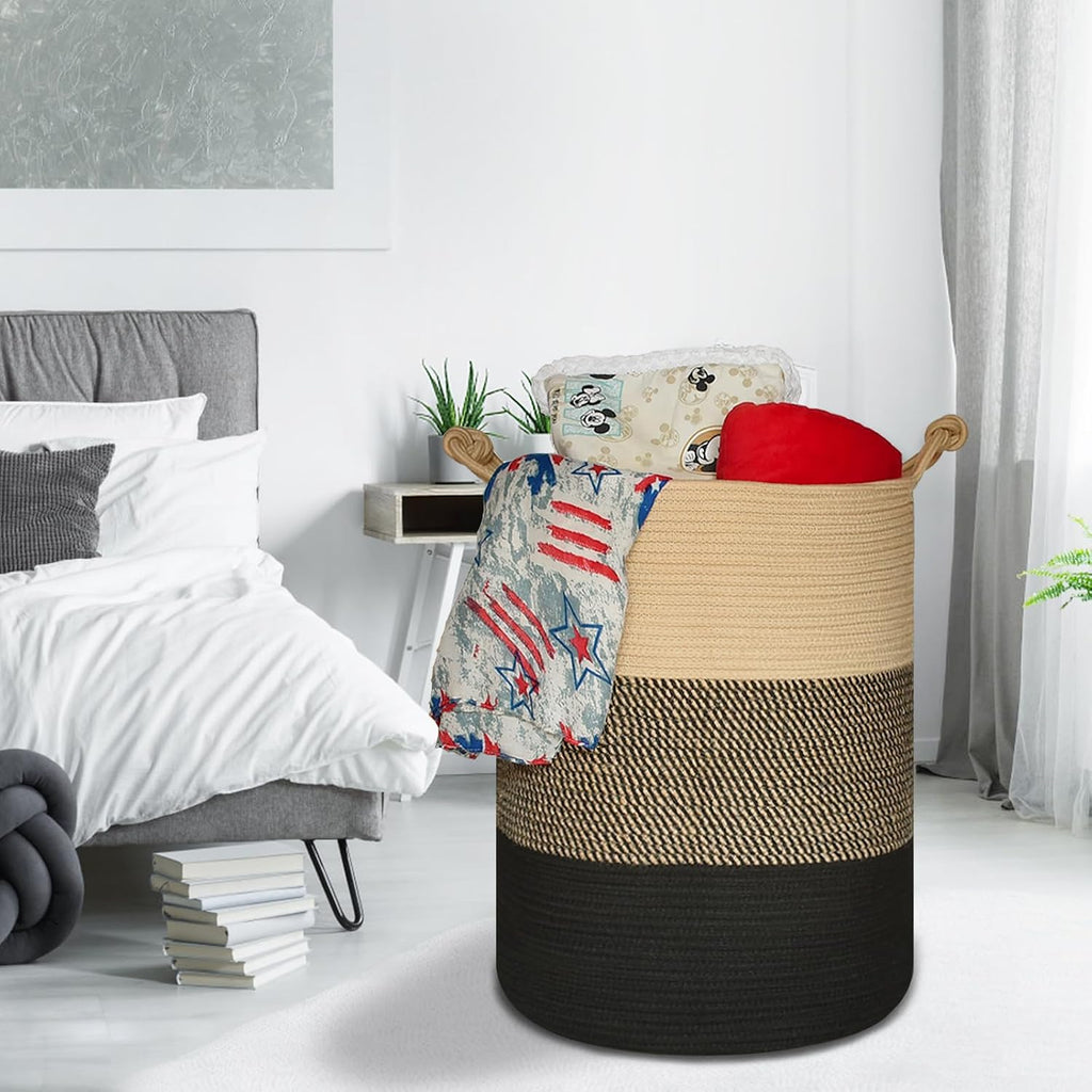 COMSE Tall Woven Blanket & Laundry Basket, 72L, Brown & Black