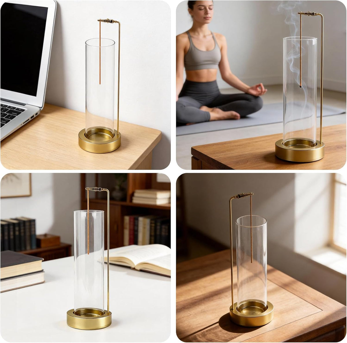 Incense Holder for Sticks, Anti-Ash Flying Incense Burner with 30 Incense Sticks, Detachable Glass Ash Catcher (Stainless Steel, Gold)