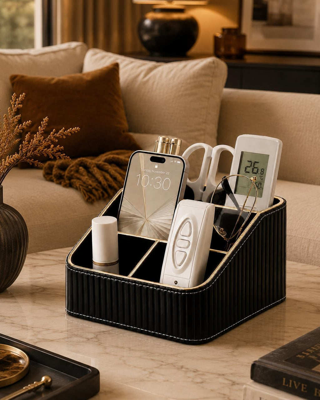 KINGFOM PU Leather Remote Control Holder, 4 Compartment Nightstand Organizer with Gold Trim, Small Desk Organizer for Office Supplies, Phone, Glasses, Pens, Bedside Table, Living Room Decor Black