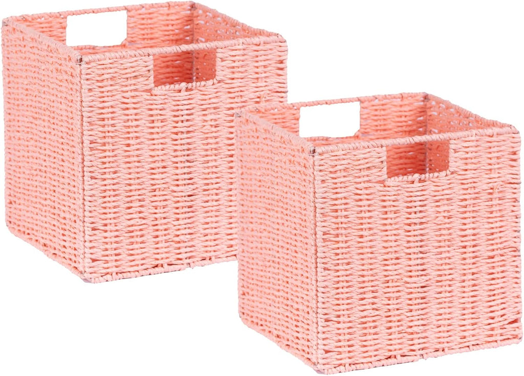 Vagusicc Wicker Storage Basket, Set of 2 Hand-Woven Paper Rope Storage Baskets for Organizing, Pink Cube Storage Bins, 11inch Large Wicker Storage Baskets for Shelves Gifts Pantry Organizing Decor