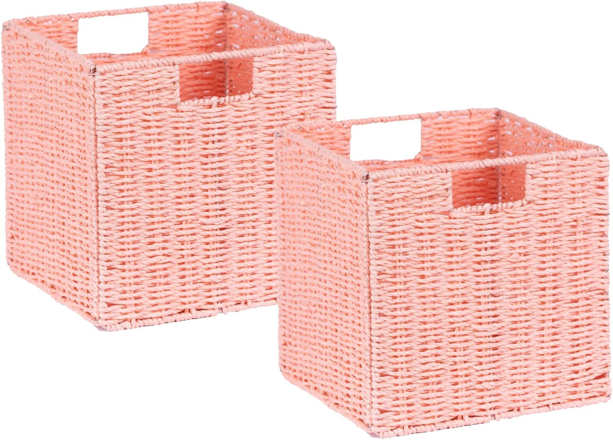 Vagusicc Wicker Storage Basket, Set of 2 Hand-Woven Paper Rope Storage Baskets for Organizing, Pink Cube Storage Bins, 11inch Large Wicker Storage Baskets for Shelves Gifts Pantry Organizing Decor