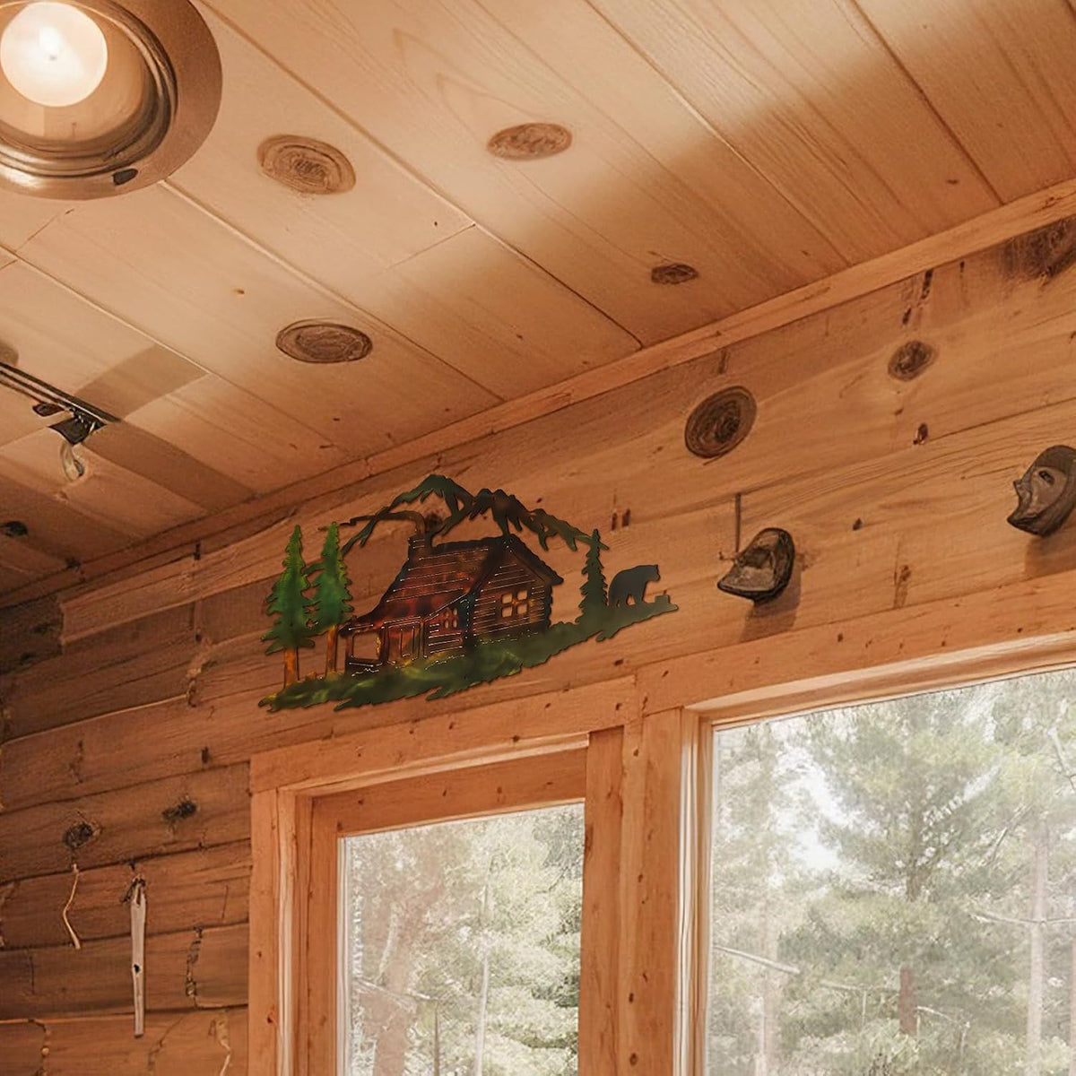 MorningRo Metal Cabin Bear Wall Art Farmhouse Forest Mountain Lodge Wall Decor Rustic Animal Hunting Decor Cabin Decorations Bear Lover Gifts for Home Bedroom Decoration, 13.78 x 7 Inch
