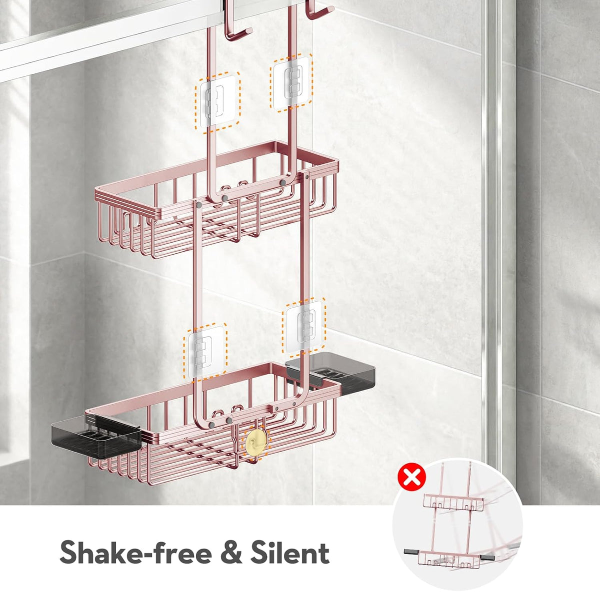 Over the Door Shower Caddy Hanging With Double Soap Holder Never Rust Aluminum Shower Shelf With 4 Hooks Hanging Bathroom Organizer No Drilling Shelves for Bathroom Storage Pink