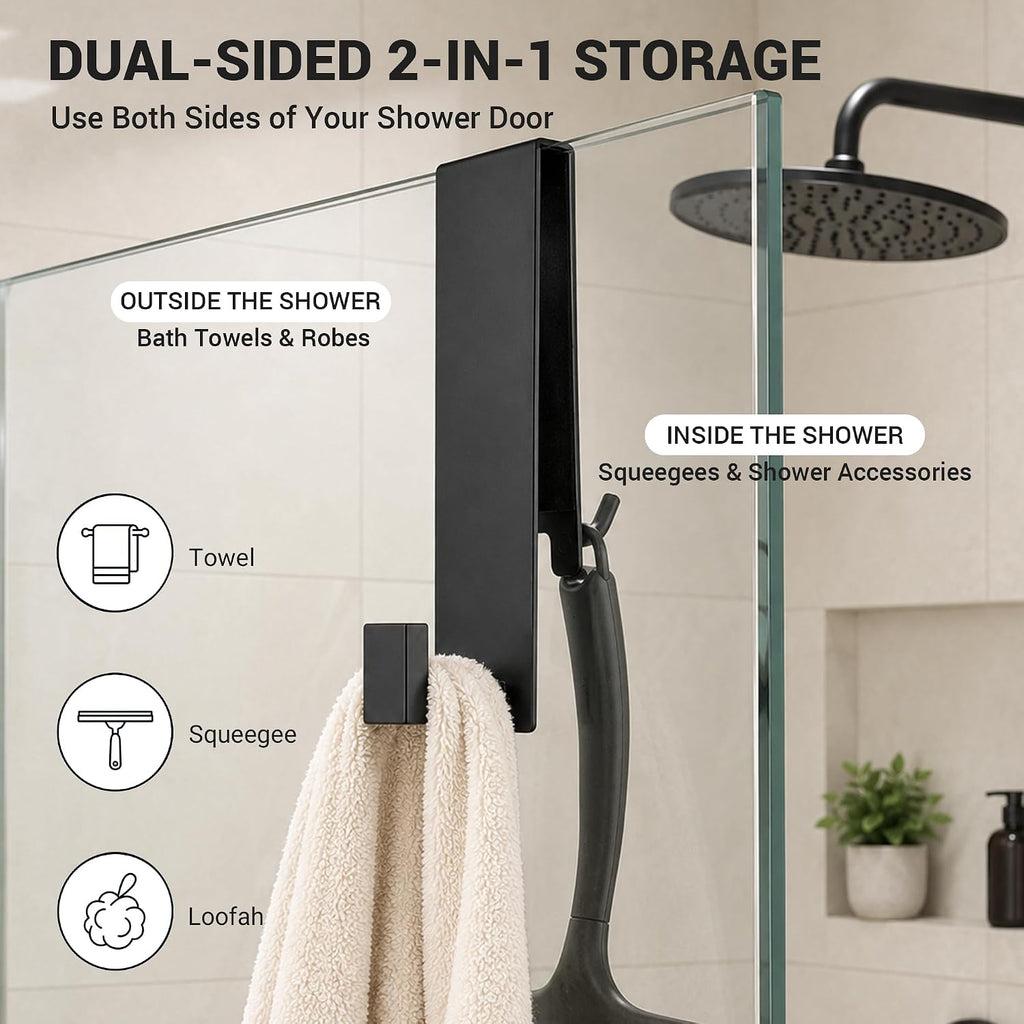 Zidox Shower Door Hooks for Frameless Glass, Double-Sided Over The Glass Towel Hook & Squeegee Holder, Rubber Covered Scratch-Free Bathroom Shower Hooks for Up to 1/2" Door (Matte Black, 2 Pack)