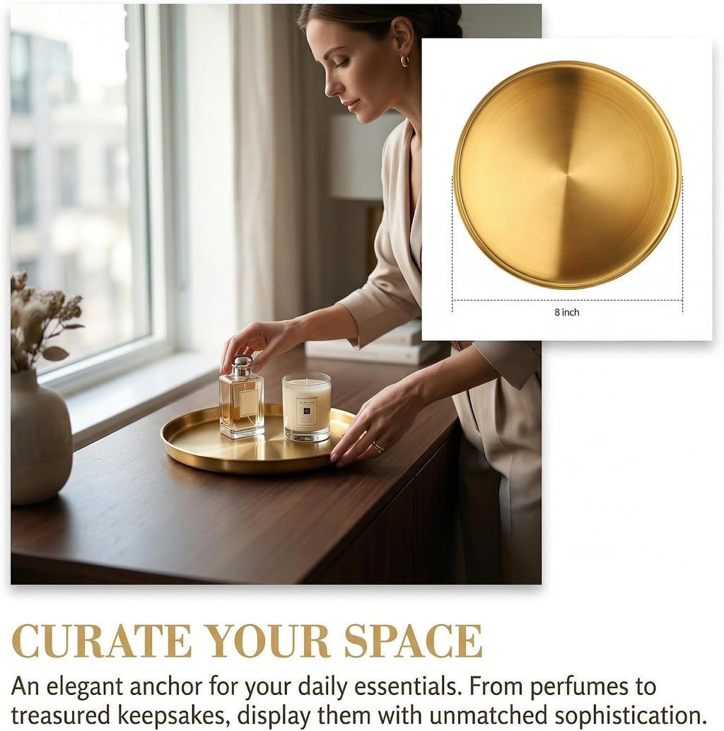 Jucoan 2 Pack 8 Inch Round Gold Tray, Decorative Small Round Vanity Tray, Circle Brass Gold Tray, Bathroom Storage Organizer Tray for Perfume Jewelry Food Coffee Tea Candle
