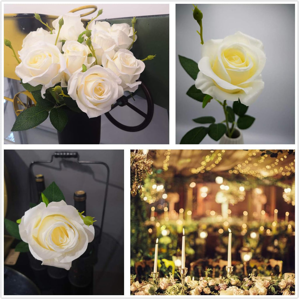 AnotherGifts Artificial Silk Rose Flower Bouquet Home Decor Wedding Party, Pack of 10 (Off White) Exclusive Style…
