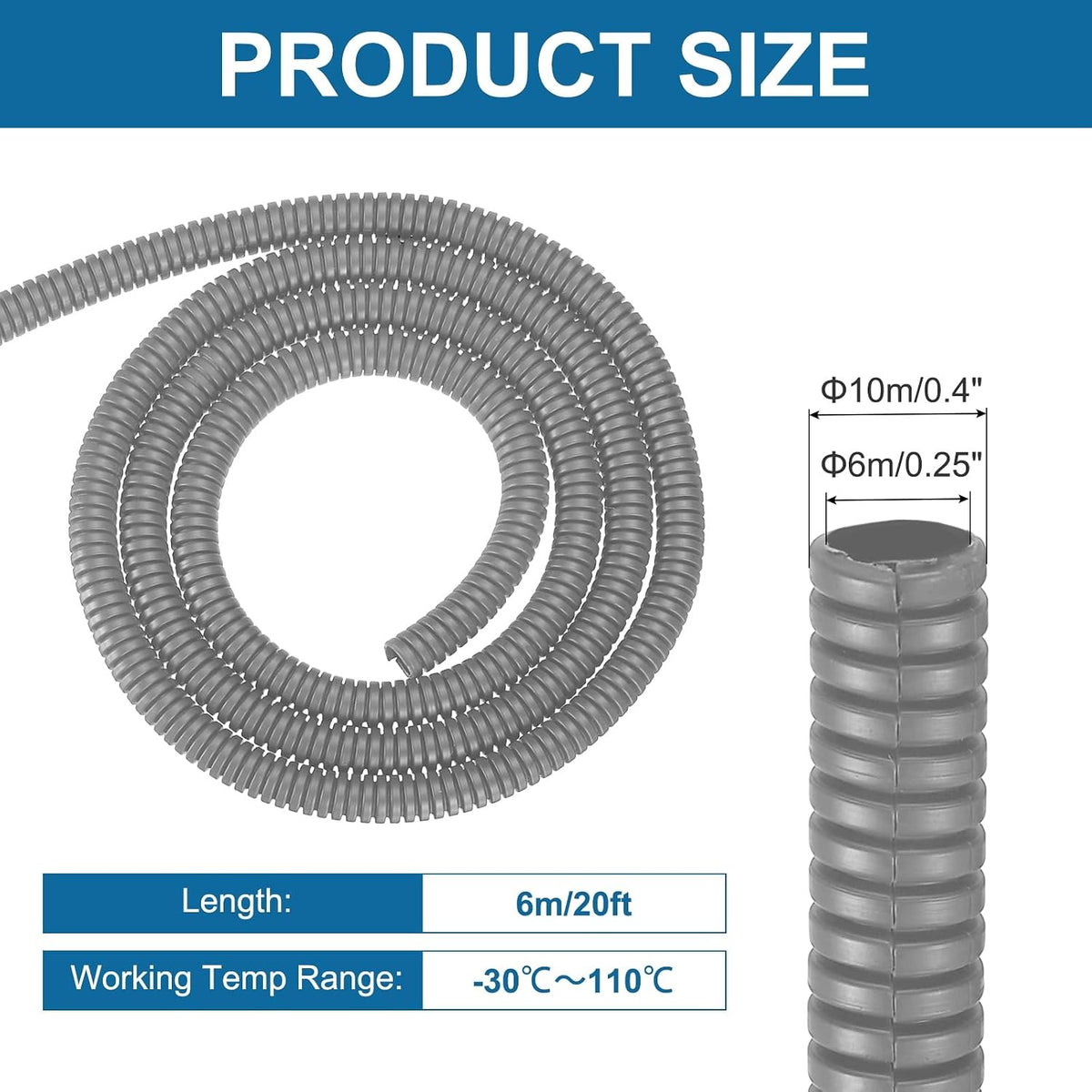 MECCANIXITY 1/4" 20ft Split Wire Loom Tubing w/Installation Tool Gray