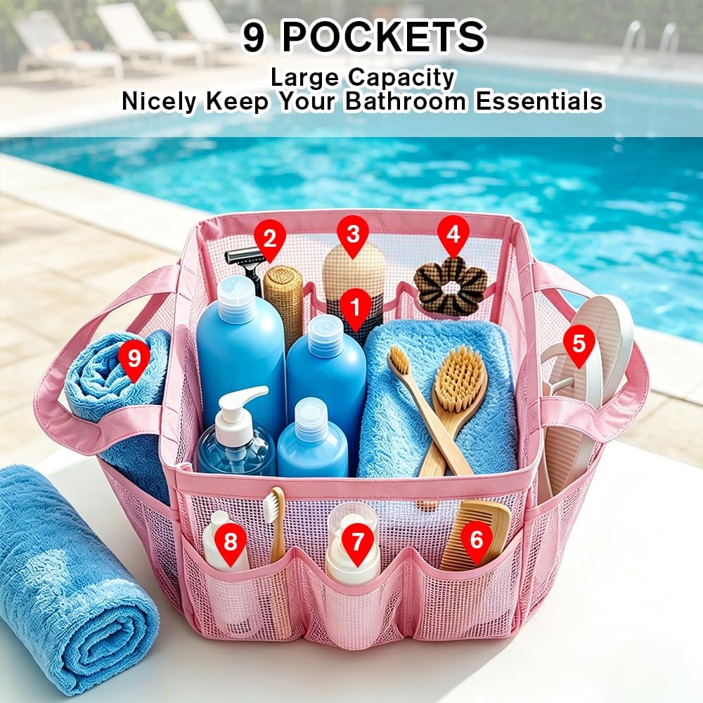 Mesh Shower Caddy Portable for College Dorm Room Essentials, Large Foldable Camp Travel Shower Bag with 9 Pockets, Quick Dry Bathroom Toiletry Tote Bag for Beach Swimming Gym Women Girl (Pink)