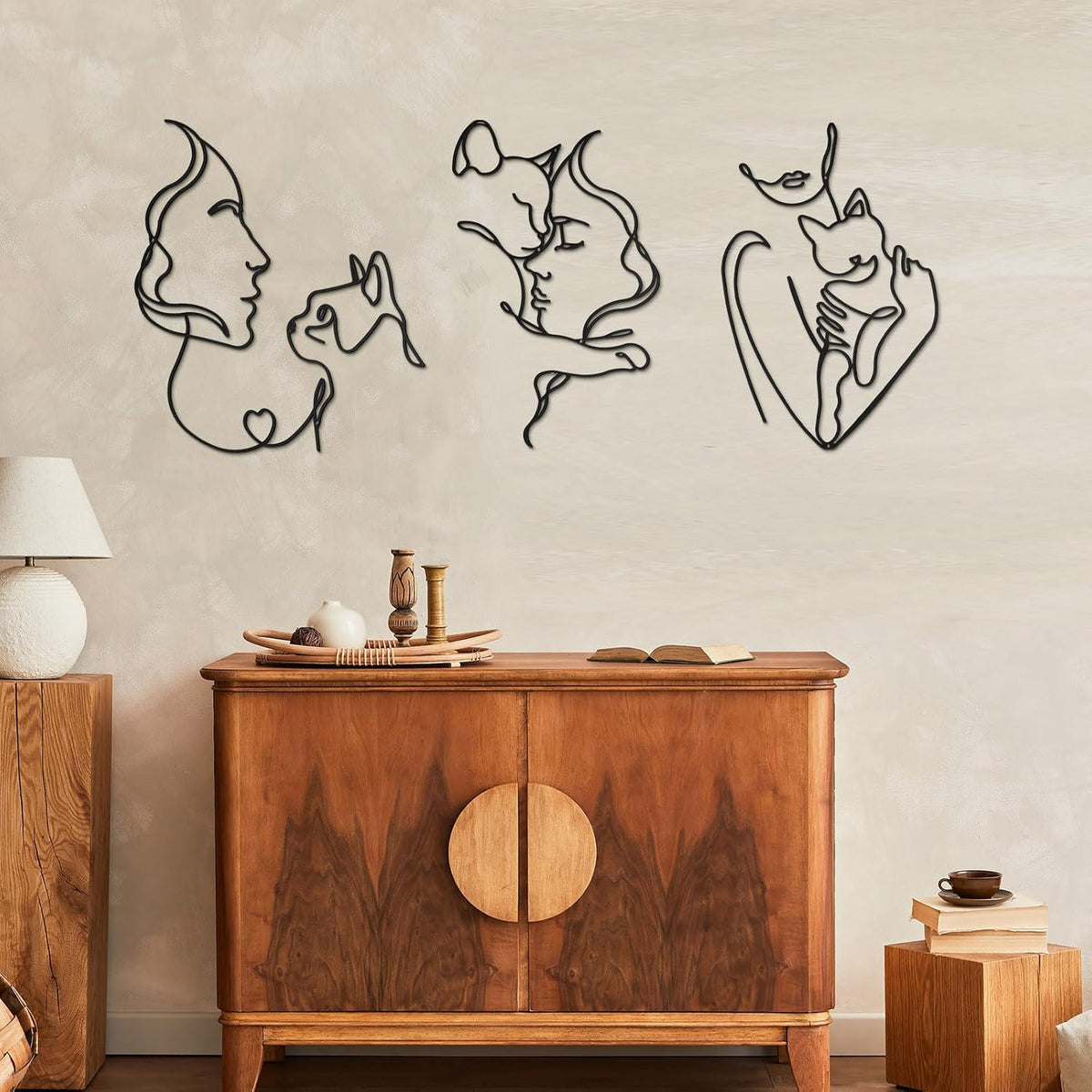Otoolling 3 Pcs Black Metal Cat Wall Art Decor Women Cats Decor for Cat Lovers Metal Minimalist Girls & Cats Line Drawing Wall Art for Bedroom Living Room Bathroom(Classic)