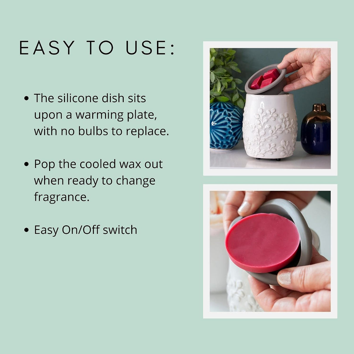 CANDLE WARMERS ETC. Wax Melt Fragrance Warmer for Scented Wax Melts, Cubes, Tarts with Silicone Dish Top|White Willow Farmhouse