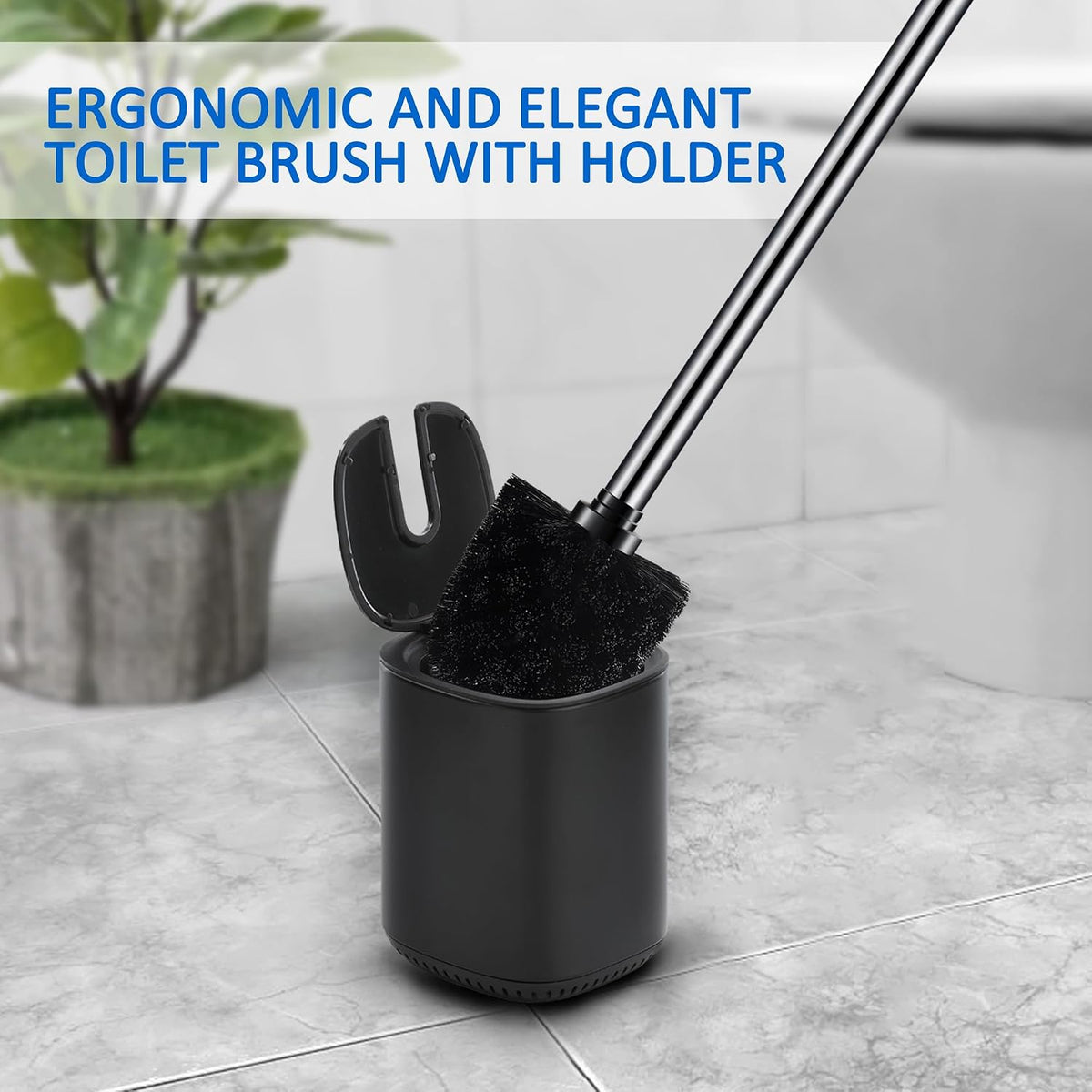 Toilet Bowl Brush and Holder, Toilet Brush with Stainless Steel Handle and Durable Bristles for Bathroom Cleaning, Automatic Closing Holder Set (Black)