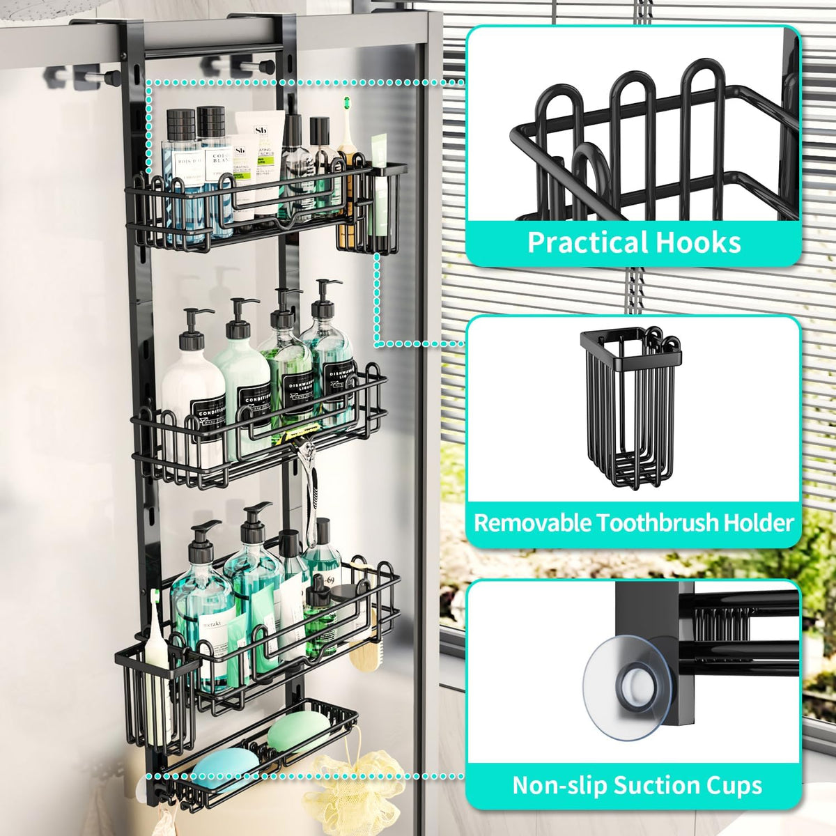 HapiRm Over the Door Shower Caddy - 4-Tier Hanging Shower Organizer with 22 Hooks and 2 Toothbrush Holders, No Drilling Adjustable Hanging Shelves for Bathroom - Black (Pack of 2)
