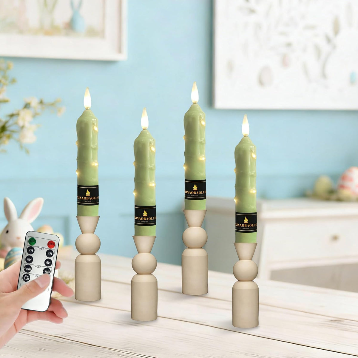 6.5 inch Green Flameless Candle with String Light Window Candles with Remote Timer Battery Operated Taper Candle LED Taper Candles Set of 4