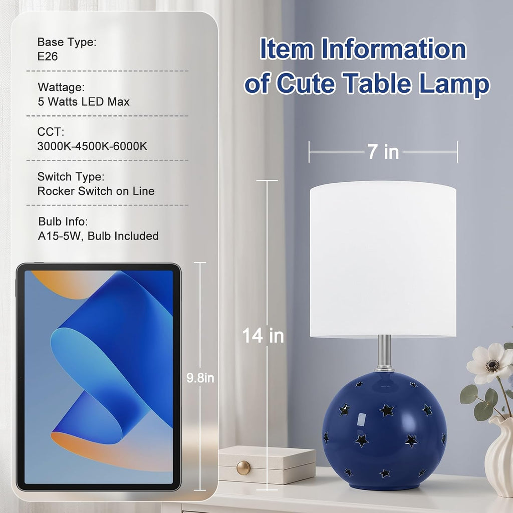 Small Table Lamp, 14" Navy Ceramic Bedside Lamp for Girls Kids Bedroom,Dorm