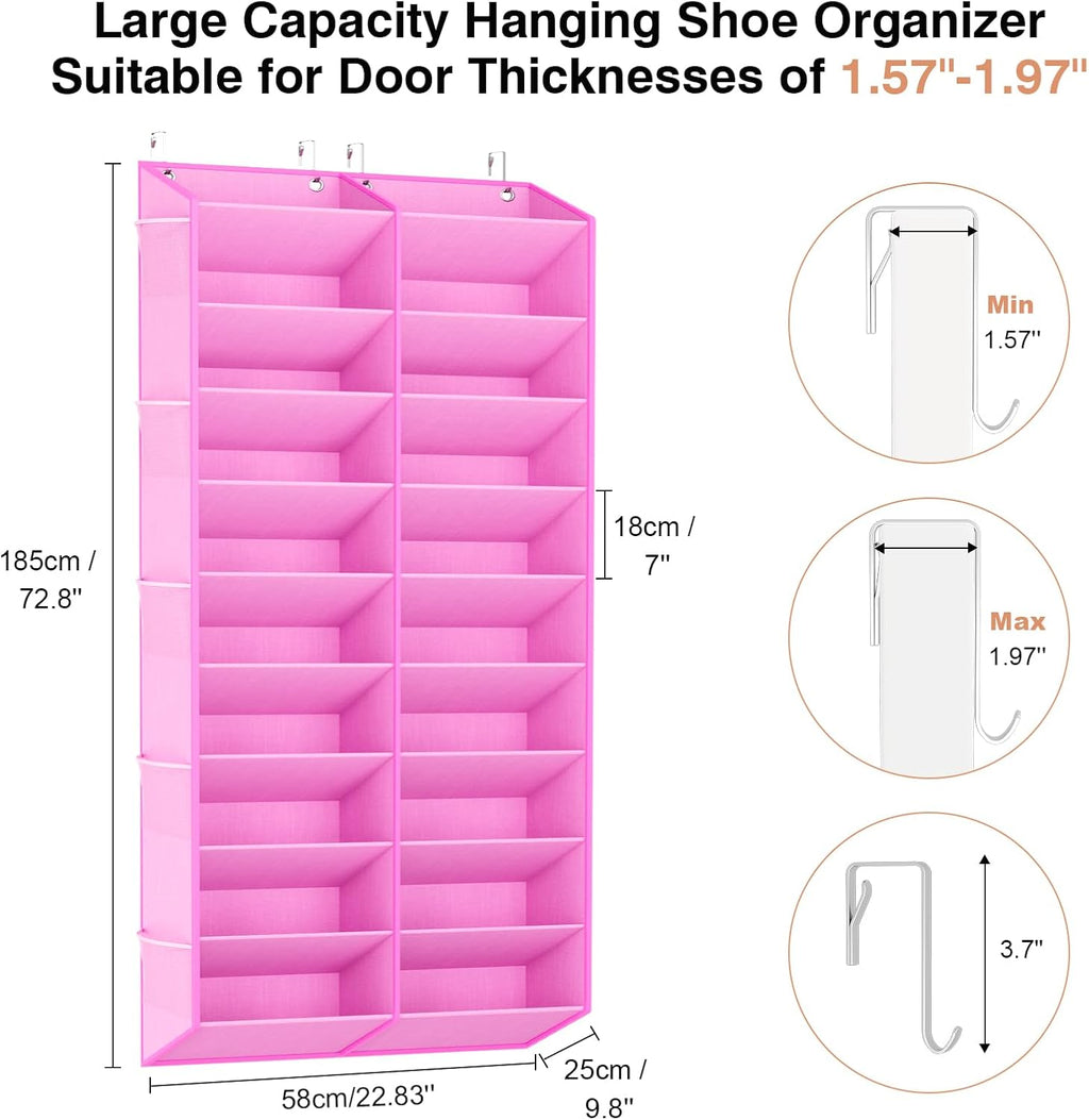 LANTEFUL Over the Door Shoe Organizer, Hanging Shoe Rack for Closet Door Shoe Storage for 30 Pairs Sneaker and Boots, Large Shoe Holder for Door with 10 Side Pockets, Space Saving, Pink