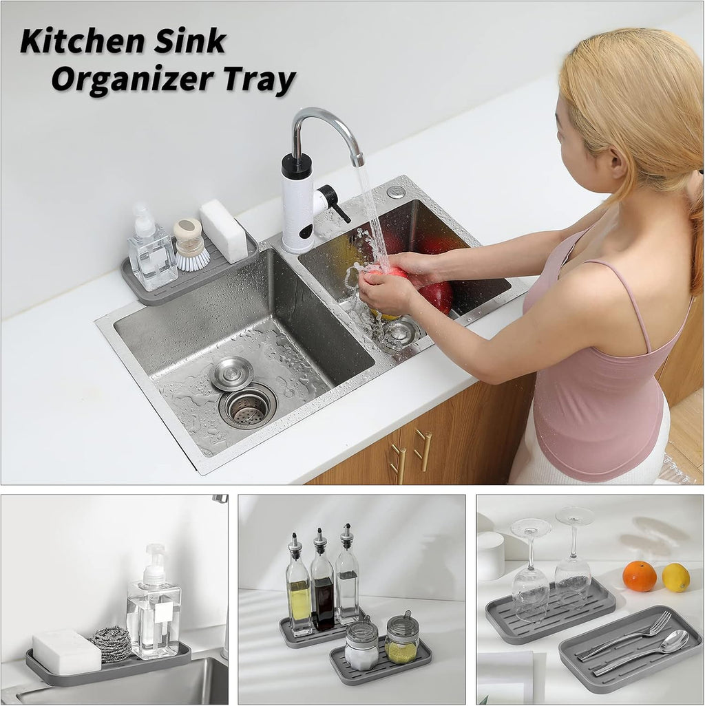 MicoYang Silicone Kitchen Sink Organizer Tray for Multiple Usage,Eco-Friendly Sponges Holder for Kitchen Bathroom Counter or Sink,Dish Soap Dispenser,Scrubber,Bottle,Cup (Grey, 10"×5.3")